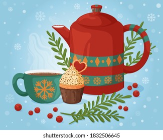 Cozy Christmas composition with coffee pot, cute cup and tasty cupcake. Design for Holidays invitation card, poster, banner, postcard, print. Vector illustration.