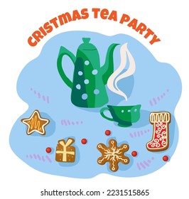Cozy Christmas composition with coffee pot, cute cup and tasty Gingerbread cookies. Design for Christmas and New Year card, poster, banner, postcard, print. Vector illustration.