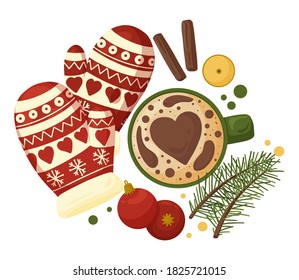 Cozy Christmas composition with cup of coffee, gloves and holiday decoration. Design for Christmas and New Year card, poster, banner, postcard, print. Vector illustration.