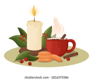 Cozy Christmas composition with red cup of coffee, ginger cookies and candle. Design for Christmas and New Year card, poster, banner, postcard, print. Vector illustration.