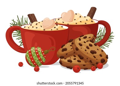 Cozy Christmas composition with red cups of coffee, chocolate cookies and seasonal decoration. Design for Holidays invitation card, poster, banner, postcard, print. Vector illustration.