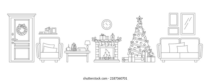 Cozy christmas corridor entrance room line art furniture. Home living room hall with decorated tree, fireplace, armchair, presents, coffe table in linear style. Vector editable stroke illustration.