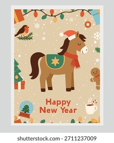 Natal acolhedor. Ilustração de vetor bonito. O cavalo de Ano Novo. Cavalo de criança. Os brinquedos de Ano Novo. Impressões encantadoras. Cavalo vermelho ardente. Cartão de Natal. Feliz Ano Novo. Magia festiva.