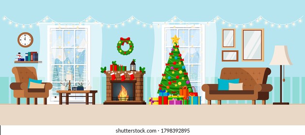 Cozy Christmas Decorated Living Room Interior Scene. Room With Christmas Tree, Fireplace, Table, Sofa, Gifts, Rack, Coffe Table, Window With Winter Landscape In Flat Style. Vector Illustration.