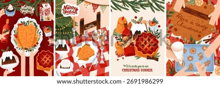 Cozy Christmas dinner vector illustration with festive food, turkey, mulled wine, pie, table setting, gingerbread making, cooking, eggnog, dessert for greeting card, invitation, poster and background
