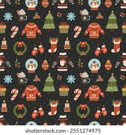 Cozy Christmas elements vector seamless pattern design. Featuring Christmas decorations, holiday treats, and winter fashion. For gift wrap, fabric design, scrapbook, wallpaper and more.