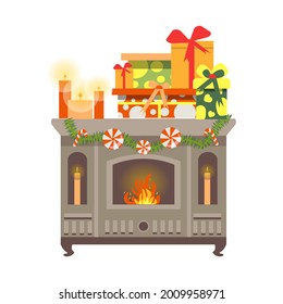 Cozy Christmas fireplace with candles and gifts. A nice beautiful fireplace is decorated for the new year in a delicate color scheme. A festive set of climate equipment.