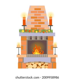 Cozy Christmas fireplace. cute beautiful fireplace is decorated for the new year in a delicate color scheme. A festive set of climate equipment.