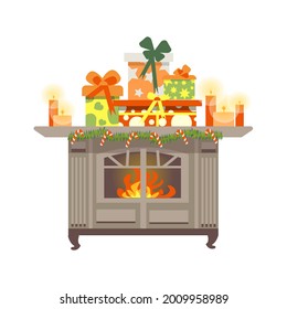 Cozy Christmas fireplace. cute beautiful fireplace is decorated for the new year in a delicate color scheme. A festive set of climate equipment.