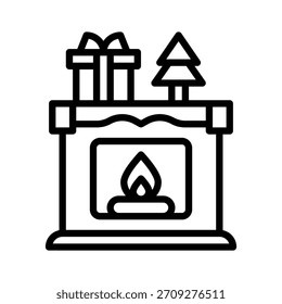 Gemütlicher Weihnachtskamin mit Dekor, Vektorgrafik, Symbol für Linienstil