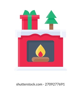 Cozy Christmas Fireplace with Decor Vector Illustration, Flat Style Icon