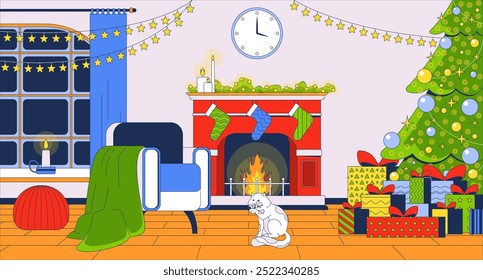 Acolhedor Natal lareira plana ilustração. Gato lambendo pata ao lado Xmas árvore apresenta 2D interior cartoon fundo. Primeiro ano novo. Caixas de presentes Noel. Estocagem de velas de feriado grinaldas cena vetor imagem