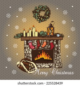 Cozy Christmas Fireplace. Graphic illustration. Hand drawing. Knitted background. Can be used for greeting cards, invitations, and other print and web projects