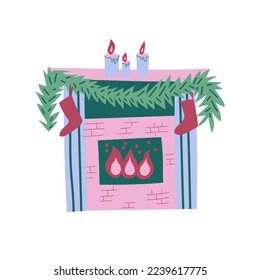 Cozy Christmas fireplace illustration. Holiday home decor with candles, garland and socks. Isolated on white background.