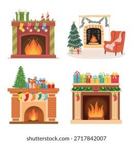 Gemütliches Weihnachtsfeuerplatz-Innenausstattung. Ziegel und moderne Heiden mit Strümpfen, Kränzen und Bäumen dekoriert. Vektorszenenelemente für privaten Hintergrund.