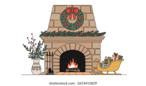 Cena de lareira de Natal acolhedora com um trenó e presentes