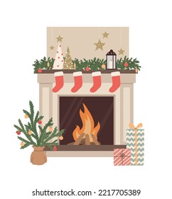 Cozy Christmas fireplace with christmas tree, wreath, socks, candle, gift boxes. Home winter holiday decoration. New year and Xmas celebration. Flat vector illustrations