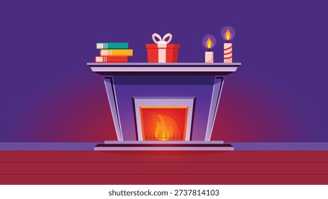 A cozy Christmas fireplace vector illustration featuring a warm burning fire, glowing candles, and festive gift boxes. This high-quality flat design captures the inviting holiday atmosphere, perfect for seasonal greeting cards, holiday posters, event invitations, social media graphics, and festive digital art projects. With realistic textures, vibrant colors, and charming holiday decor, this illustration evokes warmth, celebration, and comfort, making it ideal for Christmas-themed designs, winter promotions, home decor concepts, and seasonal marketing materials.