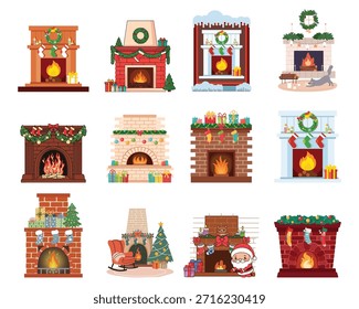 Cozy Christmas Fireplace Vector Set. Brick Hearth Interiors Decorated with Stockings, Wreaths and Candles. Home Scene Elements for Background.