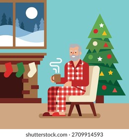 A cozy Christmas flat vector illustration of an elderly man in red plaid pajamas sitting indoors near a decorated Christmas tree and fireplace. 