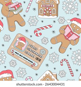 Cozy Christmas Gingerbread Men in Santa Hat Read and Carry Books, public gingerbread Library Cookies and Card vector seamless pattern in Retro Pastel style. Perfect for holiday wrapping paper, festive