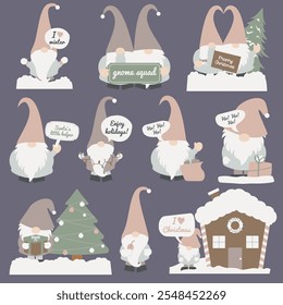 Aconchegante Natal Gnome Clipart. Espalhe a alegria das férias com este encantador conjunto clipart de gnomo de Natal! Apresentando gnomos acolhedores, neve e decorações festivas.