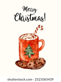 A cozy Christmas greeting card with mug of hot cocoa and cookies for the holiday