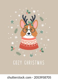 Cozy Christmas greeting card. Vector cartoon illustration with cute cartoon Corgi dog in red winter sweater and reindeer horn, surrounded by snow, stars and Christmas plants. Isolated on background