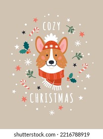 Cozy Christmas greeting card. Vector cartoon illustration with cute cartoon Corgi dog in a red winter scarf and hat, surrounded by snow, stars, and Christmas plants. Isolated on background