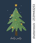 Cozy Christmas Greetings. Hand Drawn Christmas Tree and Yellow Stars Isolated On A Dark Blue Background. Infantile Style Drawing-like Xmas Vector Card with Warm "Holly Jolly" Wishes. RGB.