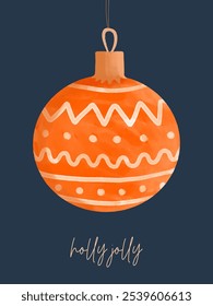 Cozy Christmas Greetings. Hand Drawn Christmas Tree Decoration. Red Bauble Isolated On A Dark Blue Background. Cozy Xmas Card with Warm "Holly Jolly" Wishes. Red Hanging Christmas Ball. RGB