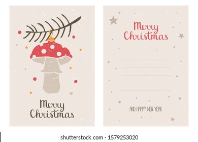 Cozy Christmas and Happy New Year postal. Christmas glassy mushroom on a twig. Handwritten text. Can be used for poster, greeting card or invitation. Vector hand drawn illustration