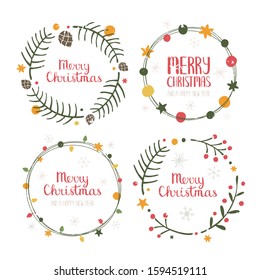 Cozy Christmas and Happy New Year wreath frame with handwritten text. Colored spruce branches, berries, leaves, garland, light bulbs, balls, stars and snowflakes. Vector shabby hand drawn illustration