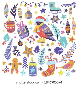 Cozy Christmas, Happy New Year cute hand drawn illustration. Big set of vector elements for invitations, greeting cards