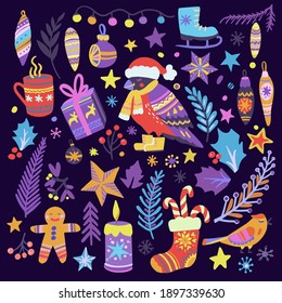 Cozy Christmas, Happy New Year cute hand drawn illustration. Big set of vector elements for invitations, greeting cards