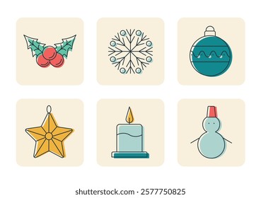 Cozy Christmas Holiday Vector Icon Set - Cute Elements - Clipart