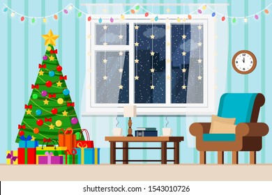 Cozy Christmas Home Interior Decorated Living Room With Christmas Tree, Gifts, Colorful Garland, Armchair, Coffe Table, Window With Winter Snowy Cityscape In Flat Cartoon Style. Vector Illustration.