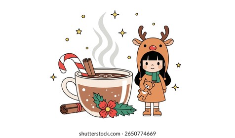 Cozy christmas hot chocolate with adorable reindeer girl illustration