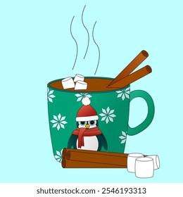 Cozy Christmas hot chocolate in a festive mug with a cute penguin, marshmallows, and cinnamon sticks. Perfect for holiday designs.