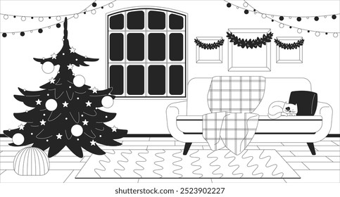 Cozy Christmas house indoors black and white line illustration. Xmas tree, holly garlands, sofa with sleeping cat 2D interior monochrome backdrop. Yuletide festive living room scene vector image