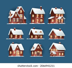 Cozy Christmas houses with snow-covered roofs. Set of different winter brick houses on a blue background for Christmas decorations and designs. Vector illustration 