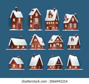 Cozy Christmas houses with snow-covered roofs. Set of different winter brick houses on a blue background for Christmas decorations and designs. Vector illustration 