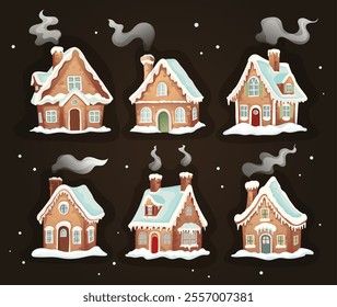 Cozy Christmas houses with snow-covered roofs. Set of different winter brick houses. Vector illustration 