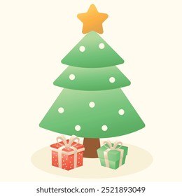 Ícone de Natal acolhedor com uma árvore de Natal sob a qual há presentes. Ideal para designs de férias, cartões de felicitações e marca sazonal.