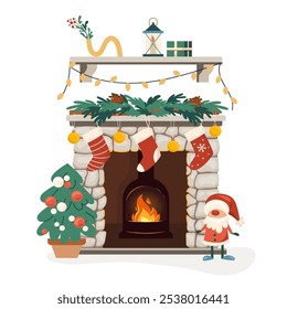 Cozy Christmas interior bonfire or hearth with mantelpiece. Home winter fireplace with socks, gifts, firs inviting warm fire. Warm cozy hearth exudes holiday cheer. Vector flat illustration