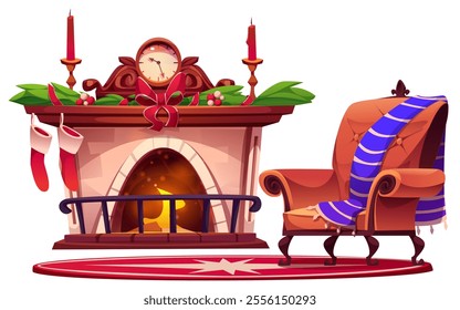 Cozy Christmas interior with decorated fireplace with stockings and candles, clock and greenery. Comfortable armchair with striped blanket stands near on round rug. Warm winter festive atmosphere.