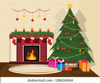 Cozy Christmas interior. Christmas tree and a fireplace stand by the brick wall in the corner. New Years decorations such as garlands, candles, Christmas toys. On the floor is a carpet and boxes with