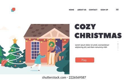 Cozy Christmas Landing Page Template. Happy Child Run to Grandparents Standing at House Door. Family Meeting for Holidays. Baby Visit Grandfather and Grandmother Home. Cartoon Vector Illustration
