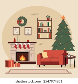 Cozy Christmas living room with a decorated fireplace, stockings, a Christmas tree, and gifts. A red sofa and bookshelves add warmth and festive charm, creating a perfect holiday atmosphere