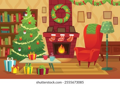 Cozy christmas living room featuring a warm fireplace, beautifully wrapped presents, a decorated tree, an inviting armchair, and steaming hot drinks, creating a festive atmosphere